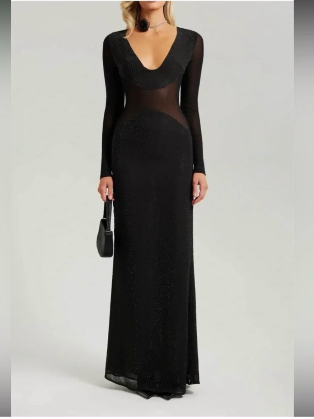 Heiress Beverly Hills Black Rhinestone Mesh Evening Gown | Size Large NWT